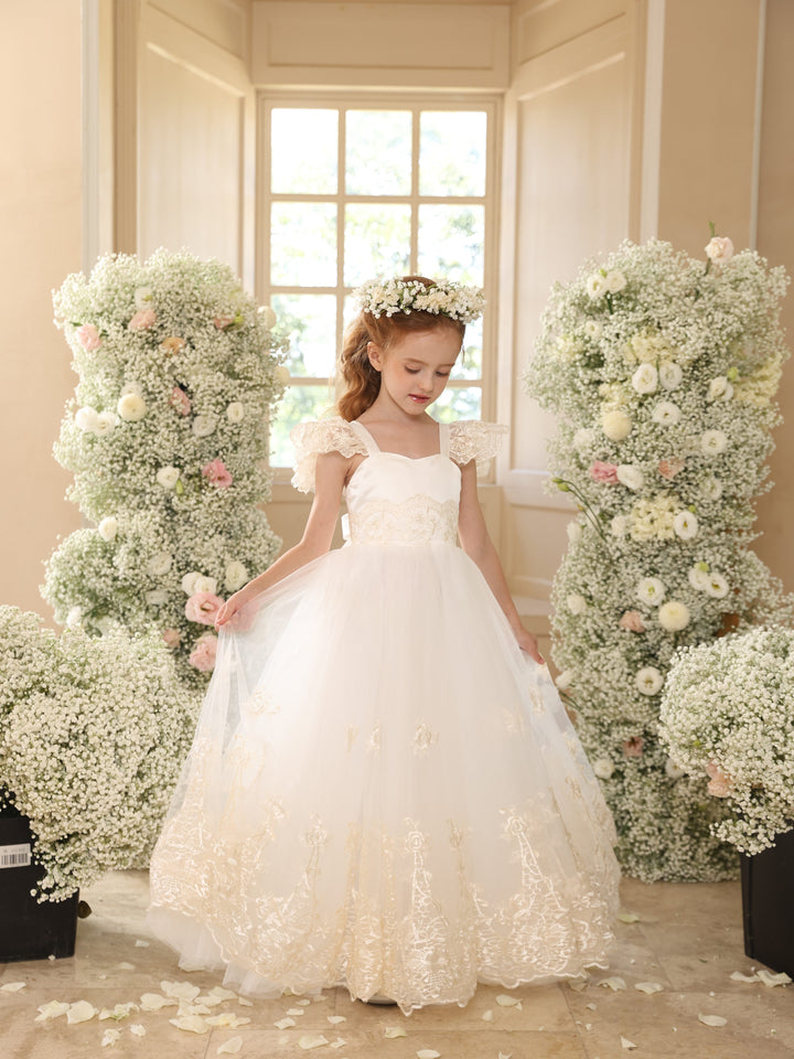 Ball-Gown Tulle Square Neckline Sleeveless Floor-Length Lace Flower Girl Dresses