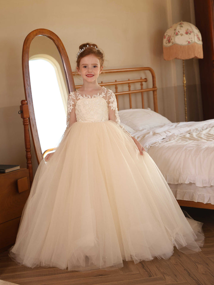 Ball-Gown Tulle Scoop Long Sleeves Floor-Length Flower Girl Dresses With Lace