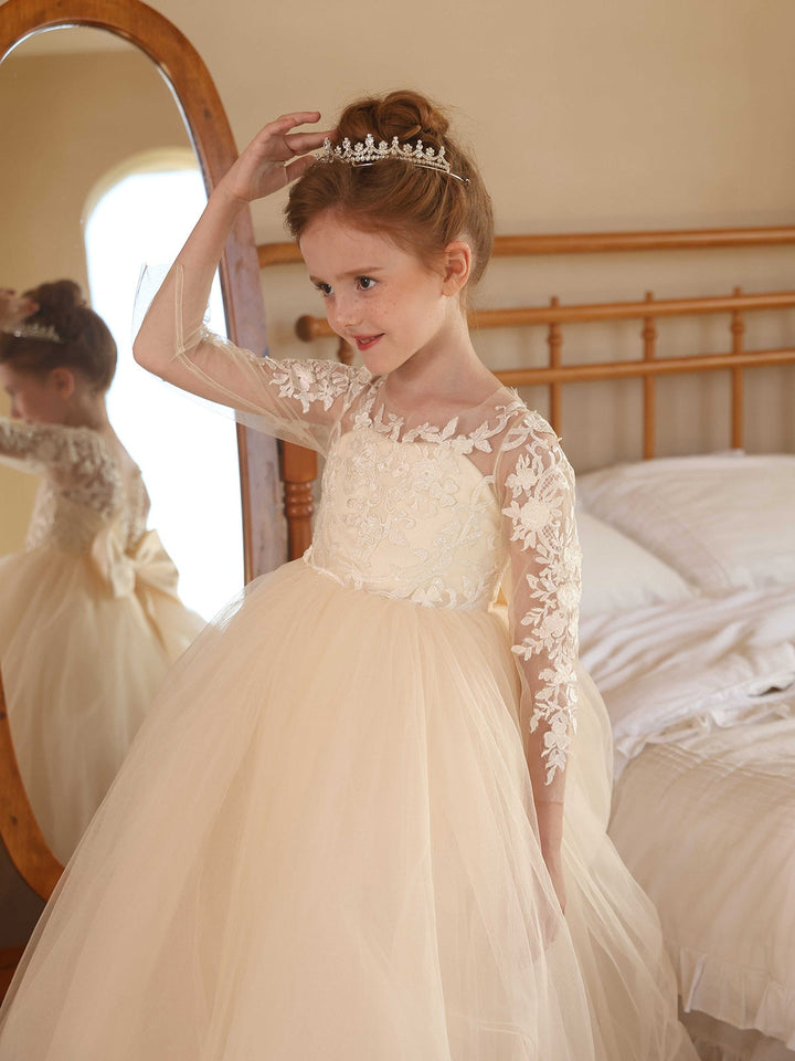 Ball-Gown Tulle Scoop Long Sleeves Floor-Length Flower Girl Dresses With Lace