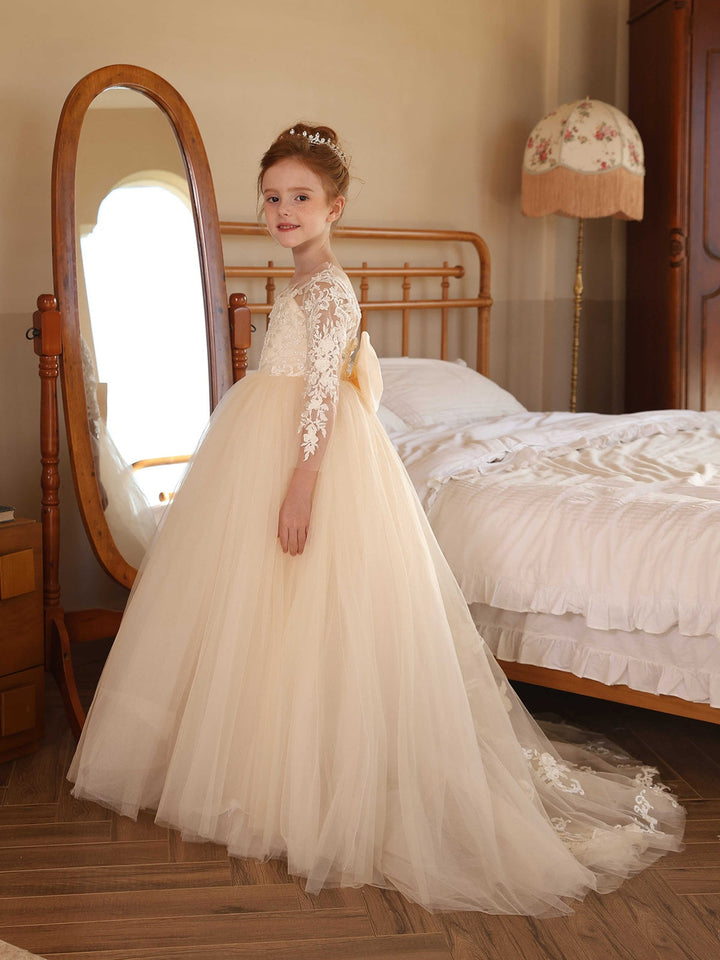 Ball-Gown Tulle Scoop Long Sleeves Floor-Length Flower Girl Dresses With Lace