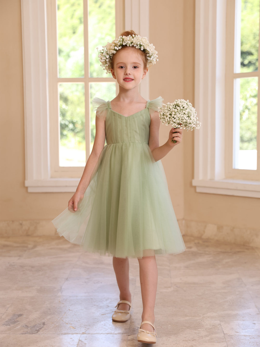 Ball-Gown Square Neck Sleeveless Knee-Length Flower Girl Dresses With Pure Color