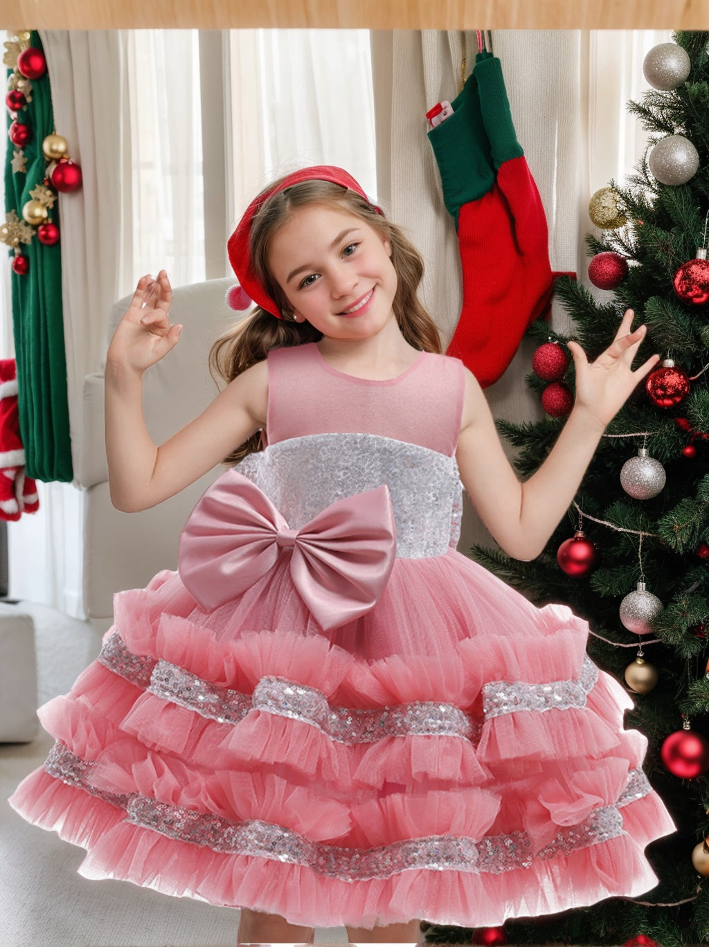 Ball-Gown Scoop Neck Sleeveless Knee-Length Flower Girl Dress with Bowknot & Lace, Dusty Rose