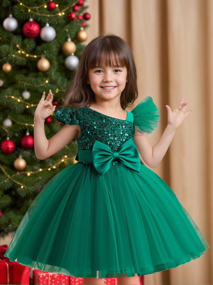 Ball-Gown One-Shoulder Short Sleeves Knee-Length Flower Girl Dress with Lace,Sequins & Bowknot