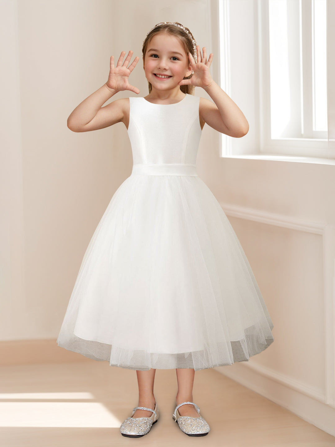 A-Line/Princess Scoop Neck Sleeveless Tea-Length Flower Girl Dress with Bowknot, Ivory A-Line/Princess Scoop Neck Sleeveless Tea-Length Flower Girl Dress with Bowknot, Ivory