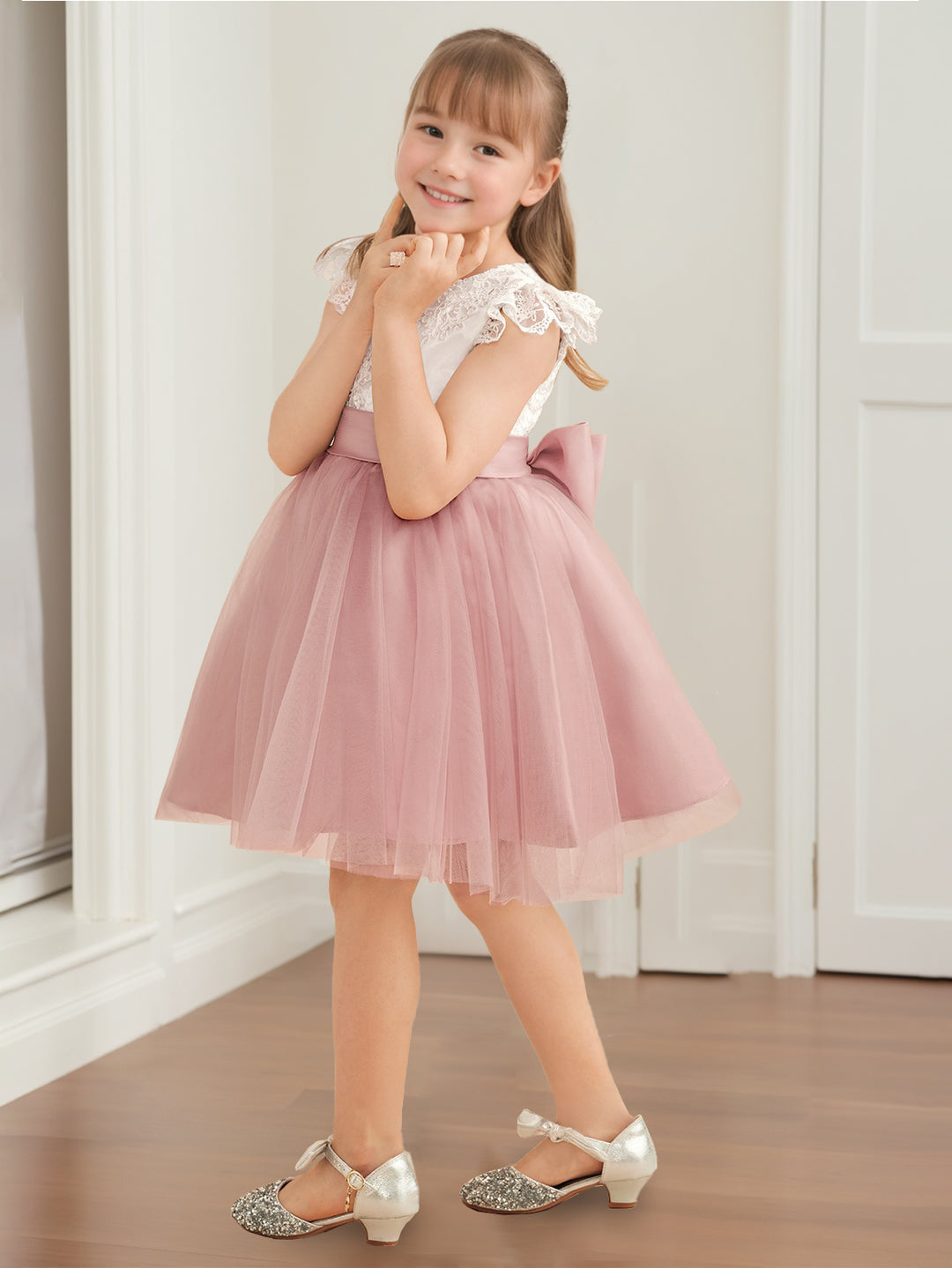 short sleeve flower girl dress Short Ruffle Sleeves Beaded Flower Girl Dress