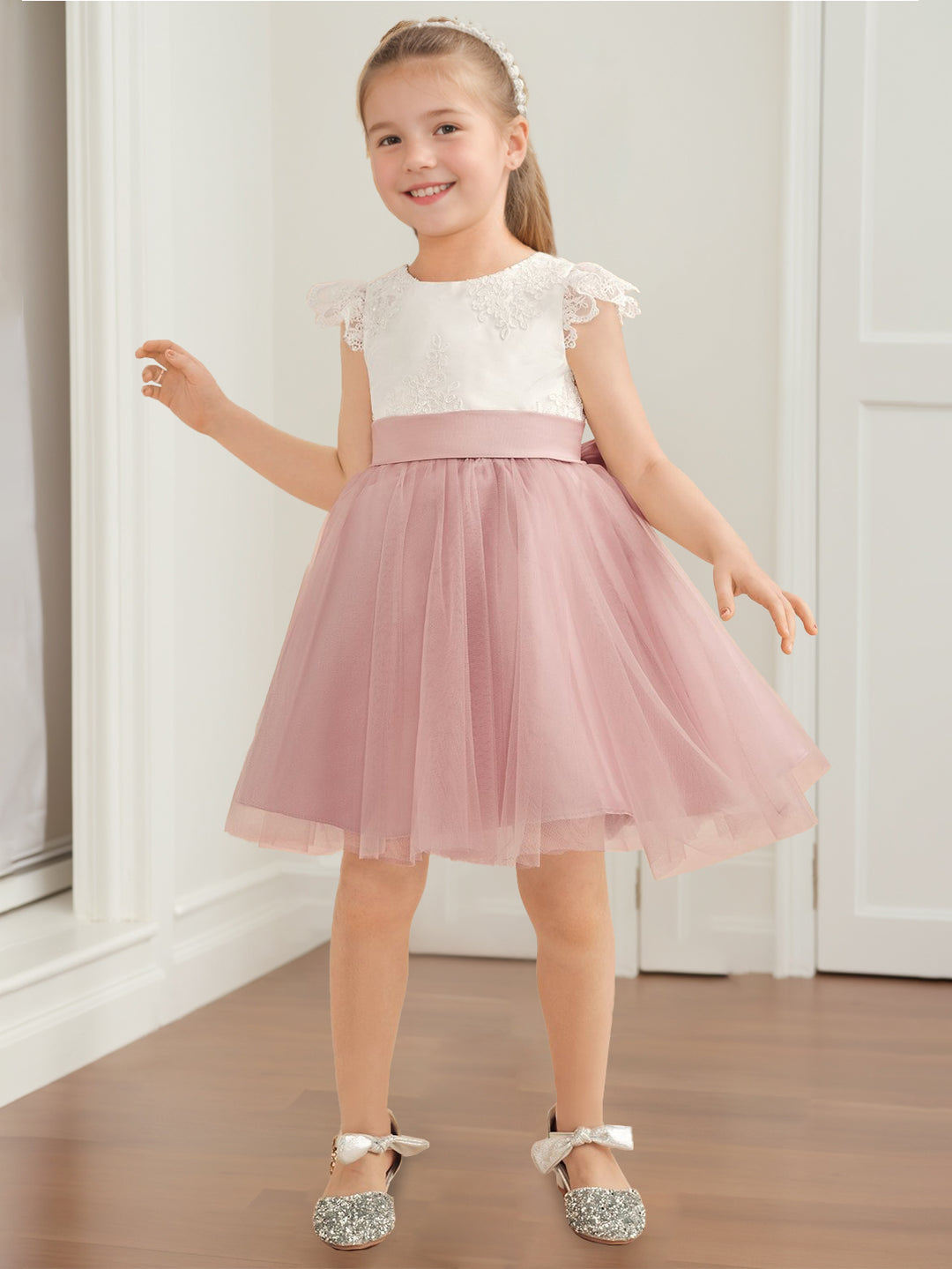 A-Line/Princess Scoop Neck Short Sleeves Knee-Length Flower Girl Dress with Appliques & Bowknot, Dusty Rose A-Line/Princess Scoop Neck Short Sleeves Knee-Length Flower Girl Dress with Appliques & Bowknot, Dusty Rose