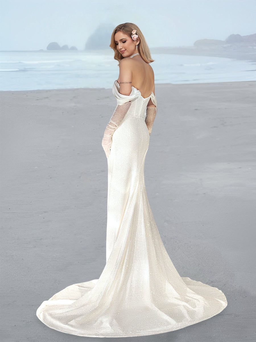 Sheath/Column Off-the-Shoulder Floor-Length Wedding Dress with Sequins & Split Side