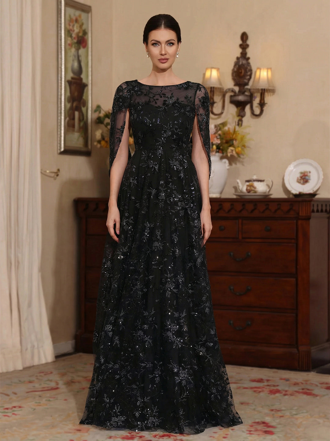 A-Line/Princess Scoop Sequins Lace Mother of the Bride Dresses Cape Sleeves Floral Floor-Length