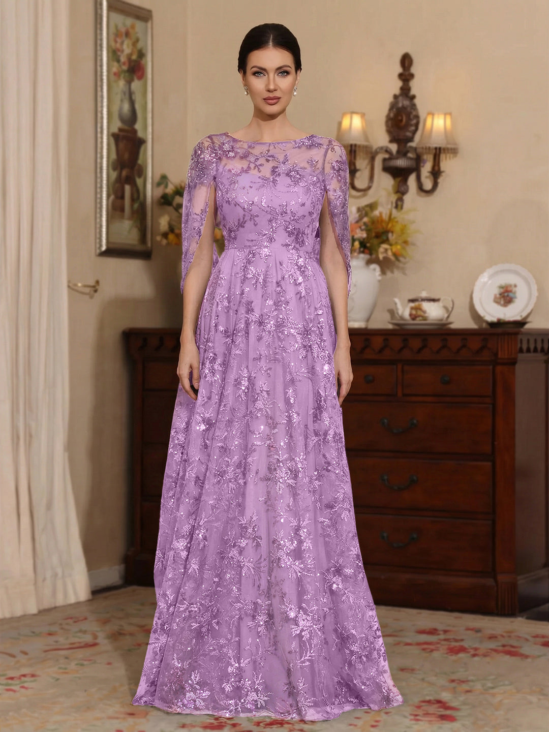 A-Line/Princess Scoop Sequins Lace Mother of the Bride Dresses Cape Sleeves Floral Floor-Length