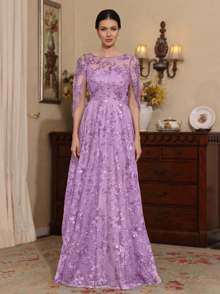 A-Line/Princess Scoop Sequins Lace Mother of the Bride Dresses Cape Sleeves Floral Floor-Length