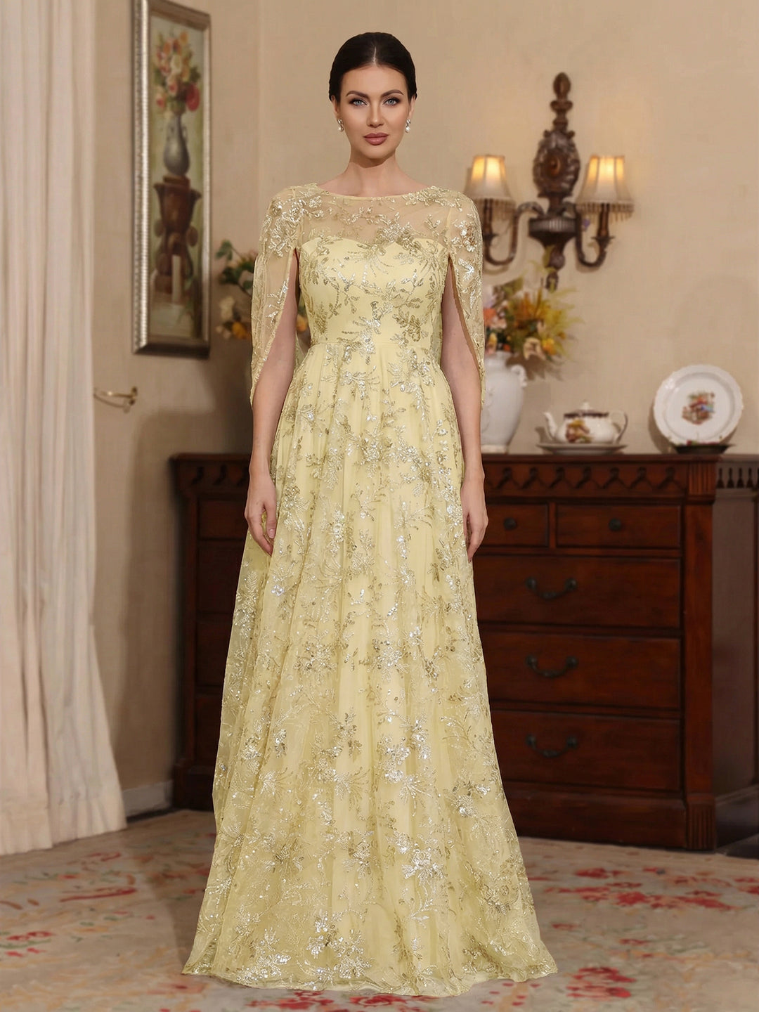 A-Line/Princess Scoop Sequins Lace Mother of the Bride Dresses Cape Sleeves Floral Floor-Length