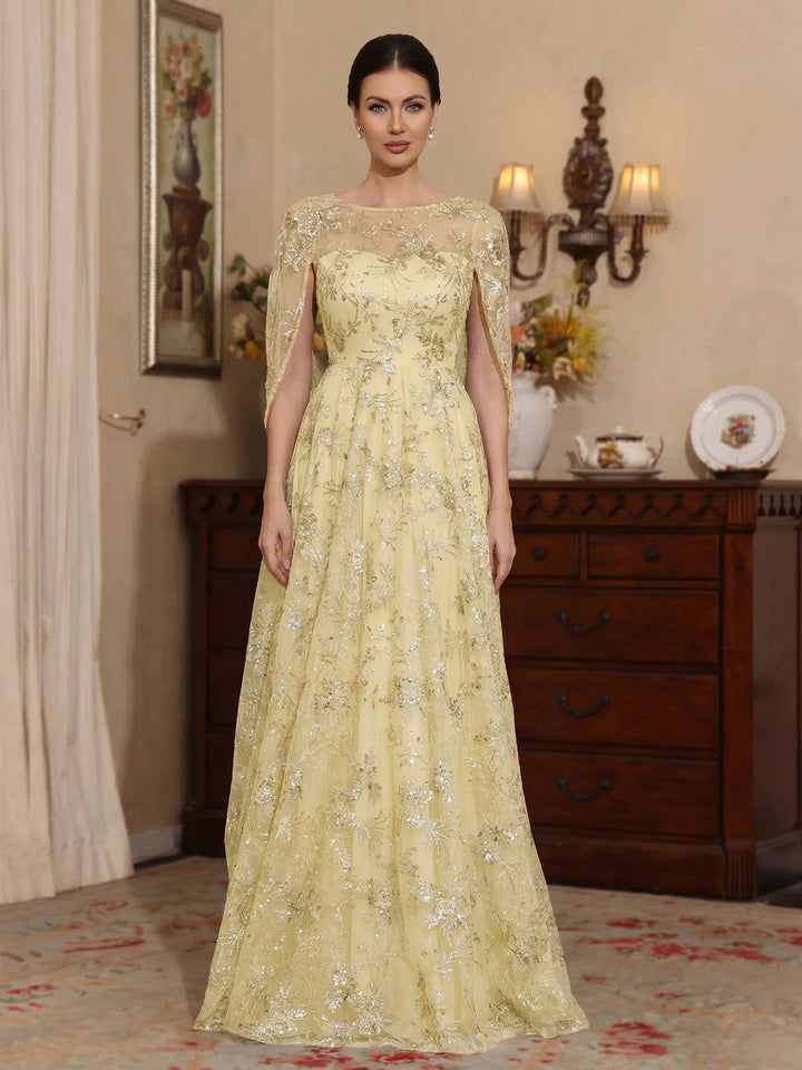 A-Line/Princess Scoop Sequins Lace Mother of the Bride Dresses Cape Sleeves Floral Floor-Length