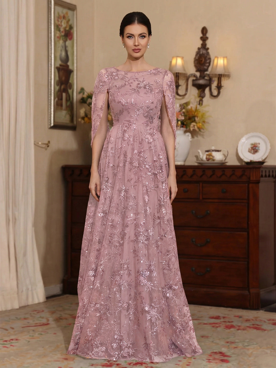 A-Line/Princess Scoop Sequins Lace Mother of the Bride Dresses Cape Sleeves Floral Floor-Length