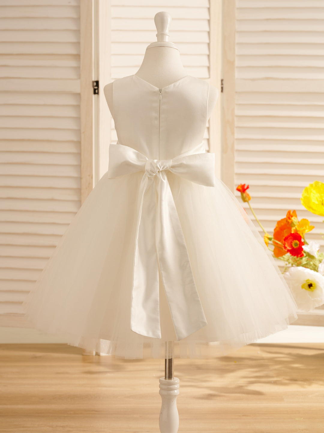 A-Line Satin Tulle Knee-length Flower Girl Dress