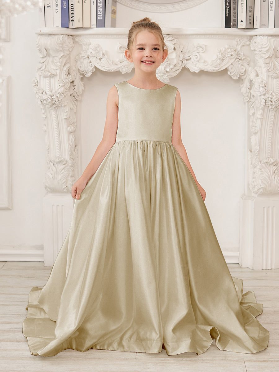 A-Line Princess Sleeveless Satin Flower Girl Dress with Sweep Train an - Mondressy A-Line Princess Sleeveless Satin Flower Girl Dress with Sweep Train an - Mondressy