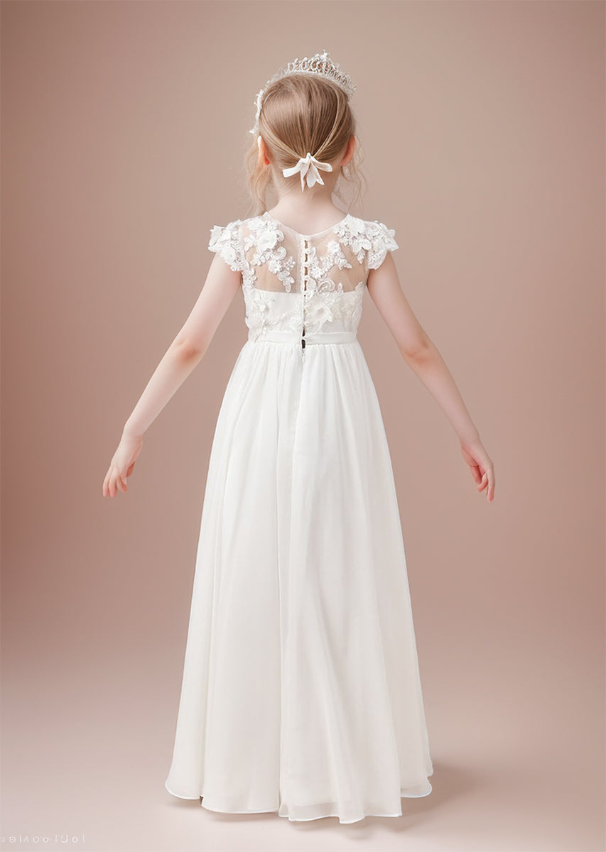 chiffon communion dresses Sunnypetal Flower Girl Dresses Chiffon Lace Ruffles A-Line First Communion Dress