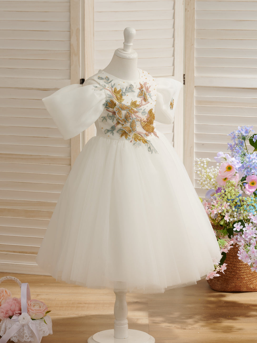 Tulle Organza Tea-length Flower Girl Dress