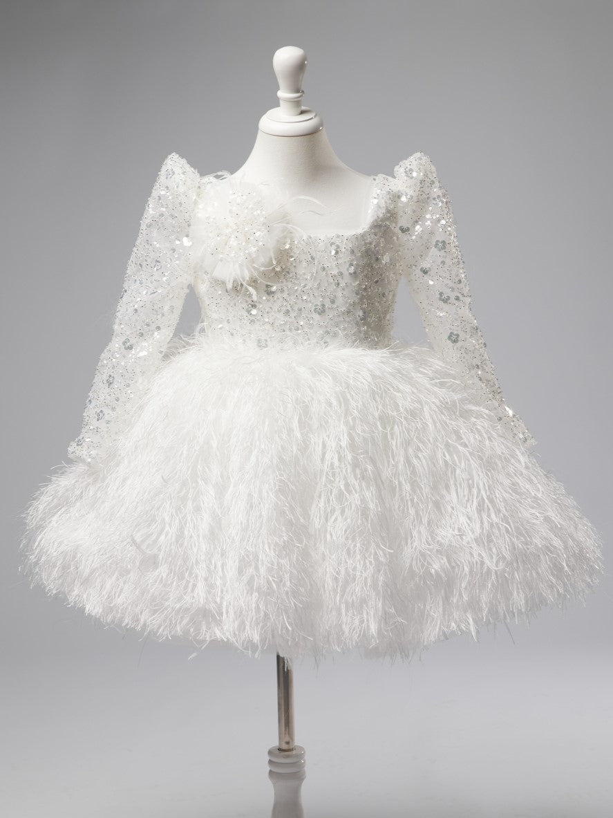 Tulle Feather Knee-length White Baby Girl Dress, 12M / White