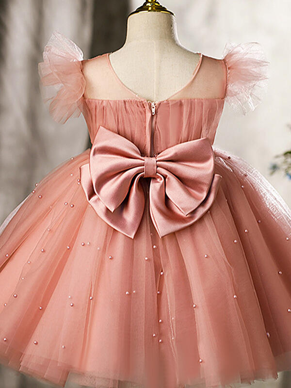 Ball-Gown/Princess Tulle Knee-length Pearl Pink Flower Girl Dress