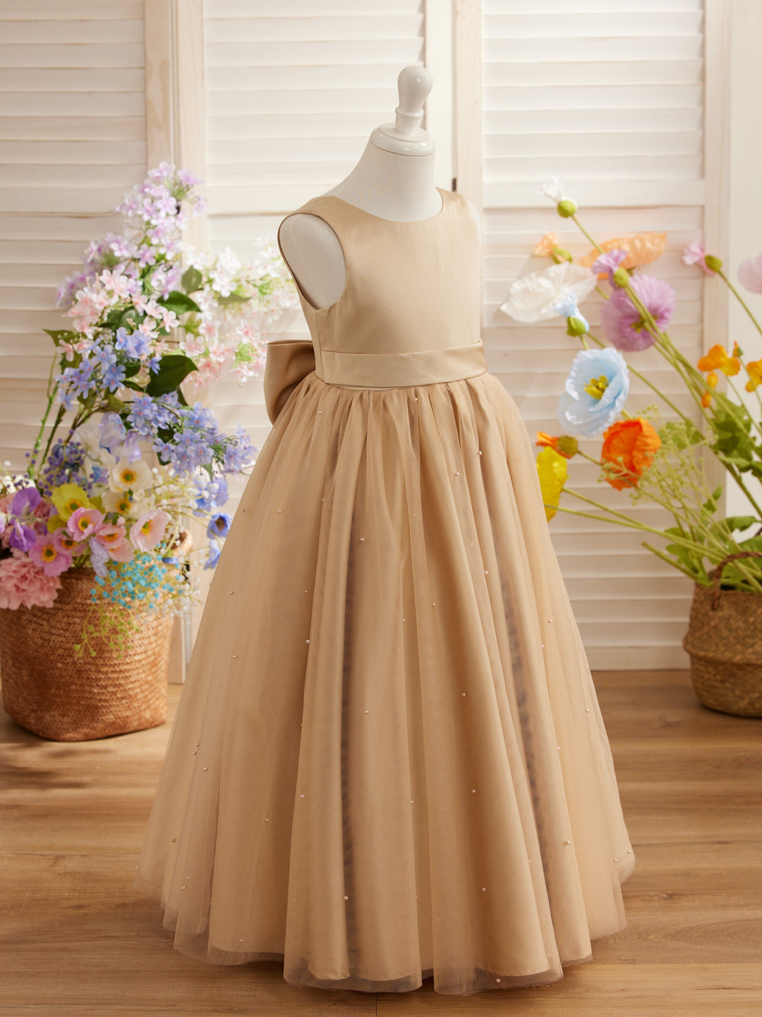 Ball-Gown/Princess Satin Tulle Champagne Flower Girl Dress, 12M / Champagne
