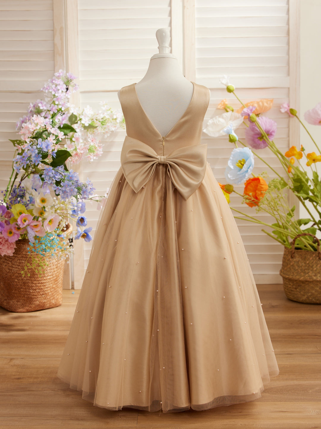 Ball-Gown/Princess Satin Tulle Champagne Flower Girl Dress, 12M / Champagne Ball-Gown/Princess Satin Tulle Champagne Flower Girl Dress, 12M / Champagne