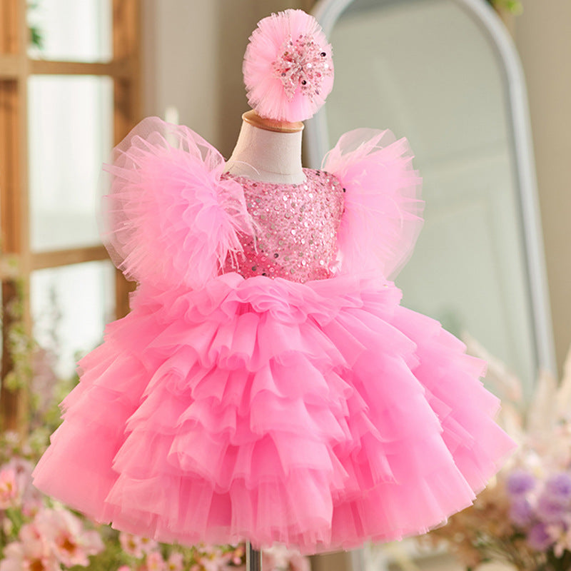 Sequins Tulle Knee-length 1st Birthday Party Dress