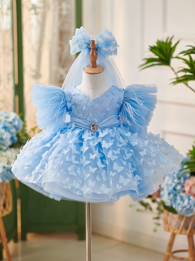 princess dress first birthday Tulle Knee-length Birthday Party Baby Girl Dress, 12M / Sky Blue