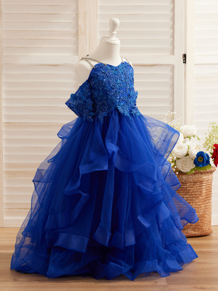 Tulle Princess Ball Gown with Floral Appliques and Beading for Girls