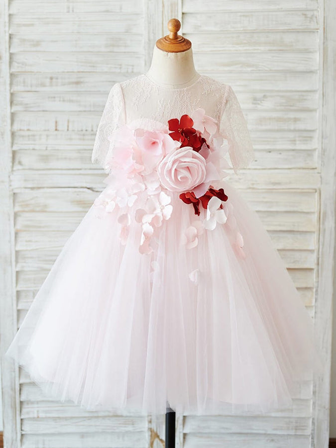 A-line 1/2 Sleeves Lace Tulle Knee-length 3D Flower Girl  Dresses