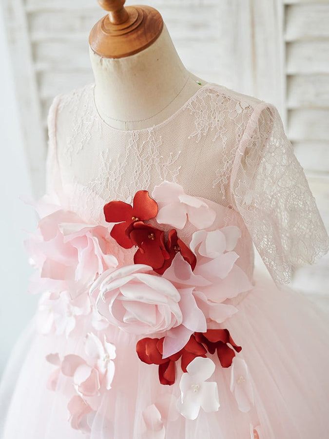 A-line 1/2 Sleeves Lace Tulle Knee-length 3D Flower Girl  Dresses