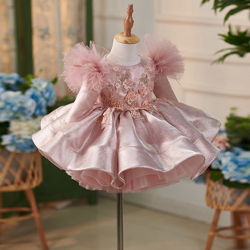 Satin Tulle Knee-length 1st Birthday Party Baby Girl Dress