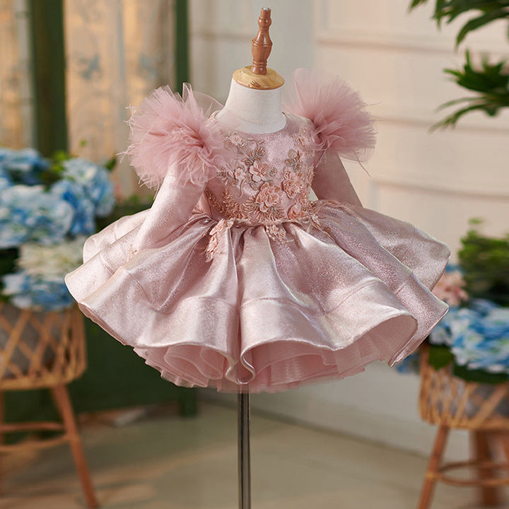 Satin Tulle Knee-length 1st Birthday Party Baby Girl Dress