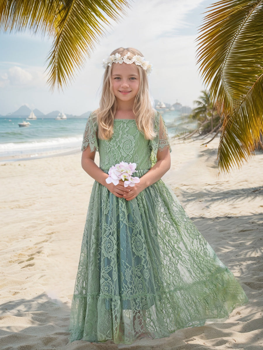 Sage Green Lace Beach Resort Boho Flower Dress - Mondressy