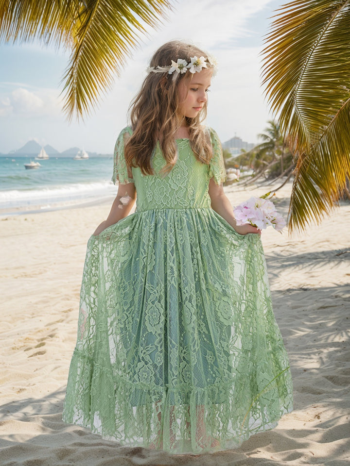 Sage Green Lace Beach Resort Boho Flower Dress - Mondressy
