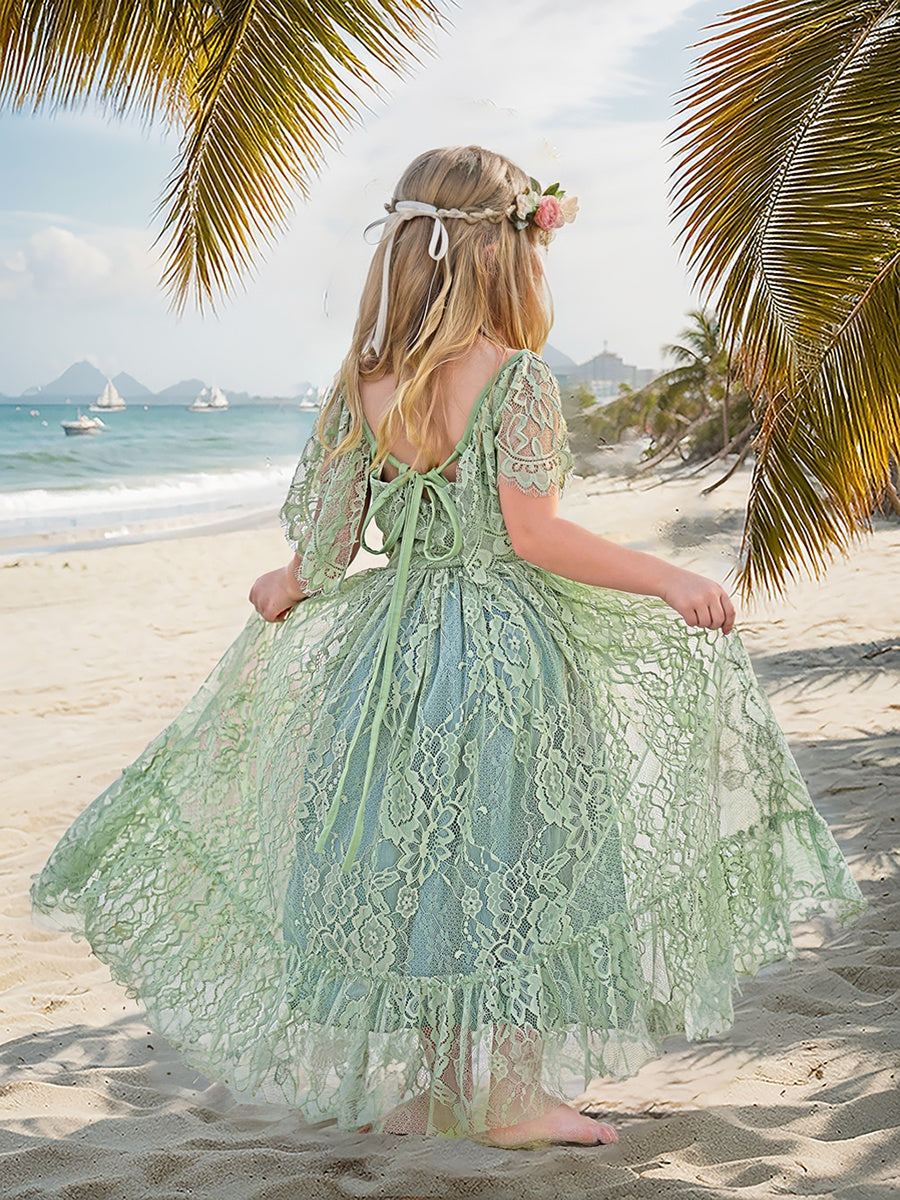 Sage Green Lace Beach Resort Boho Flower Dress, 12M / Sage Green