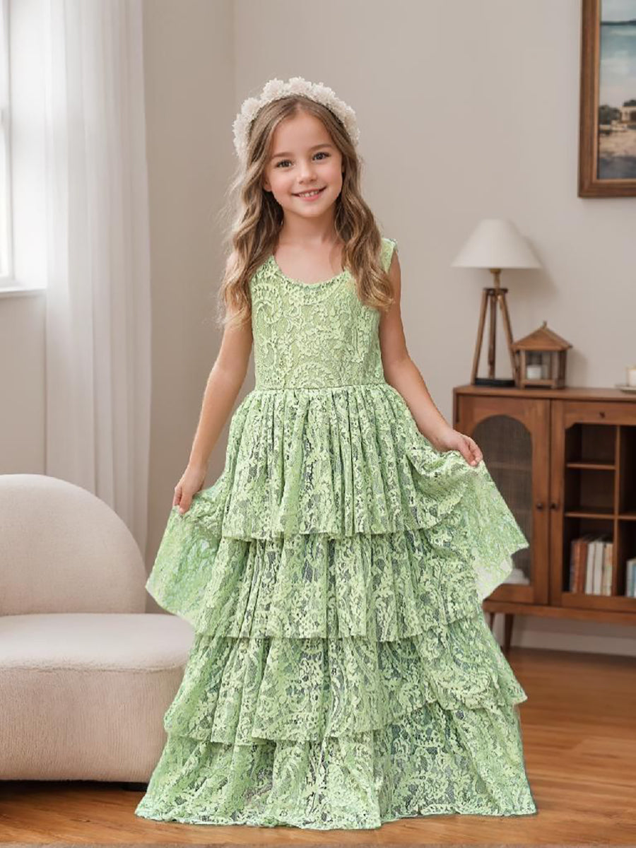 green emerald velvet dress Cute Layered Flower Girl Dresses with Bow GL1135 – Viniodress