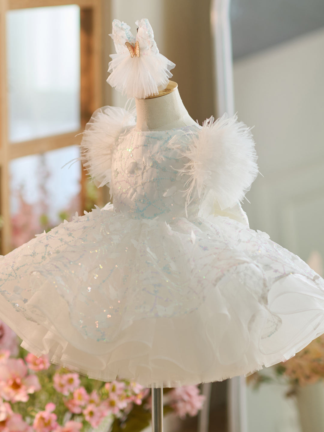 Sequins Tulle Knee-length 1st Birthday Party Dress