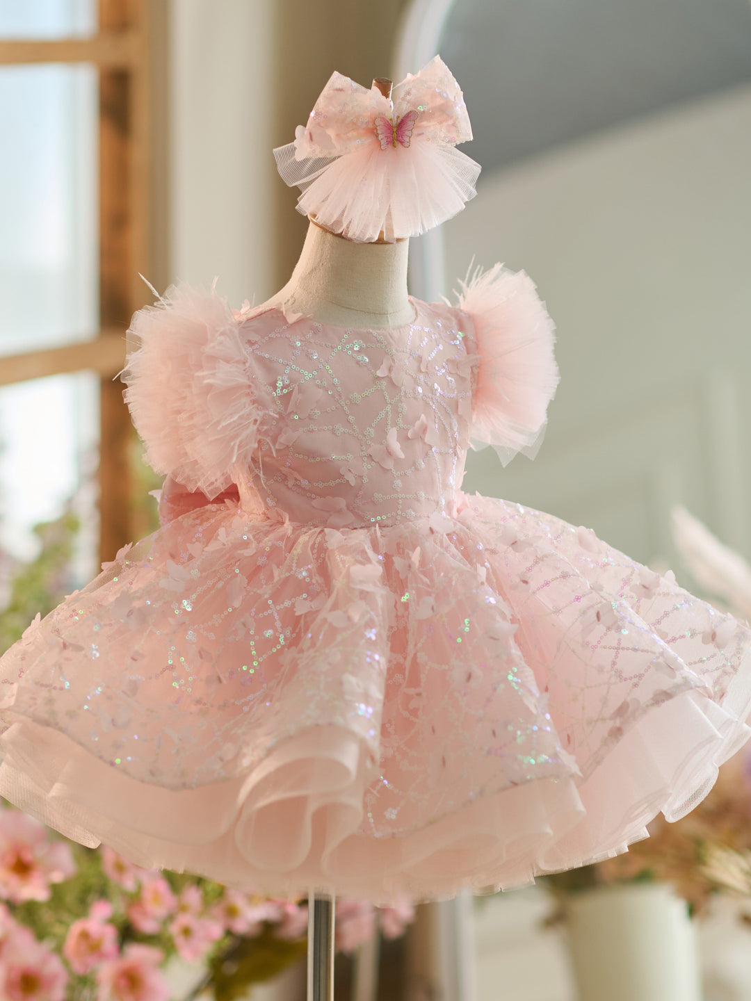 Sequins Tulle Knee-length 1st Birthday Party Dress