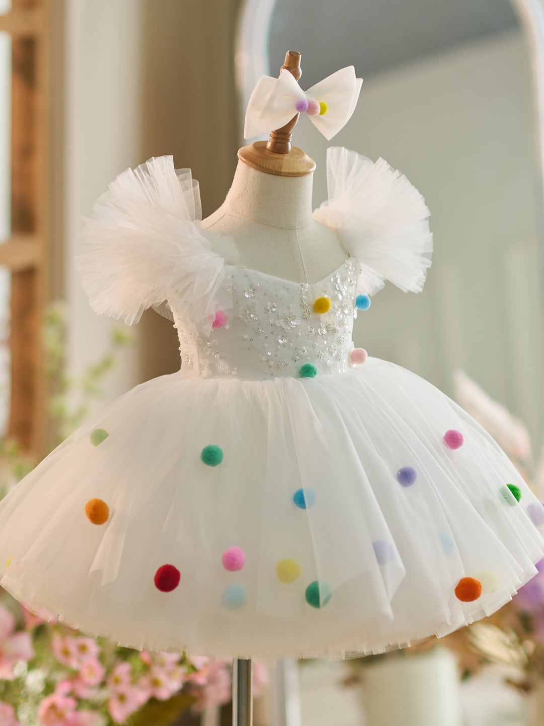 White Sequins Tulle Knee-length 1st Birthday Party Dress