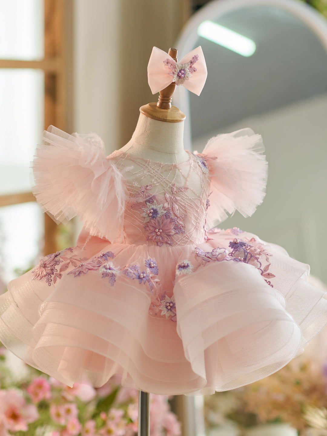 Floral Embroidery Puffy Sleeves Tulle Knee-length Baby Girl Dress