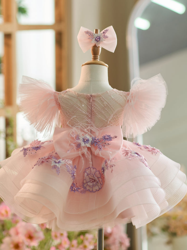 Floral Embroidery Puffy Sleeves Tulle Knee-length Baby Girl Dress