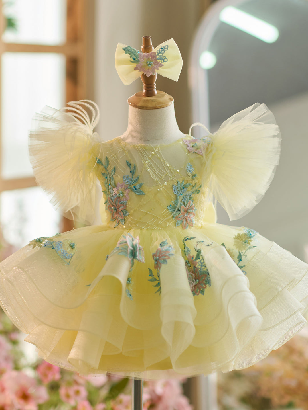 Floral Embroidery Puffy Sleeves Tulle Knee-length Baby Girl Dress