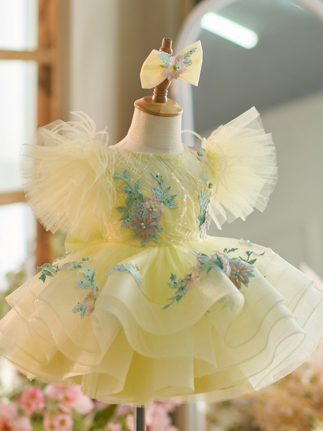 Floral Embroidery Puffy Sleeves Tulle Knee-length Baby Girl Dress