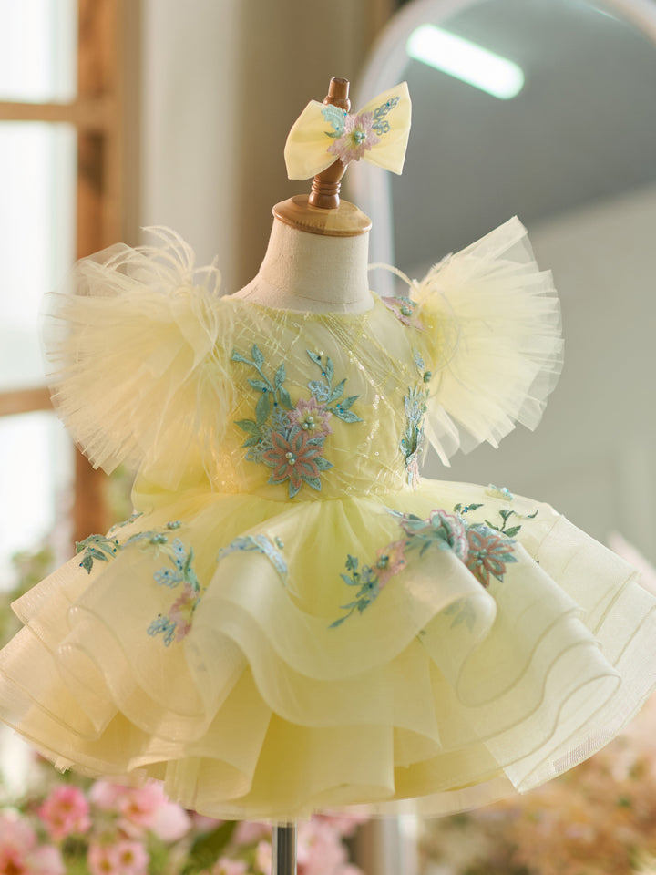 Floral Embroidery Puffy Sleeves Tulle Knee-length Baby Girl Dress