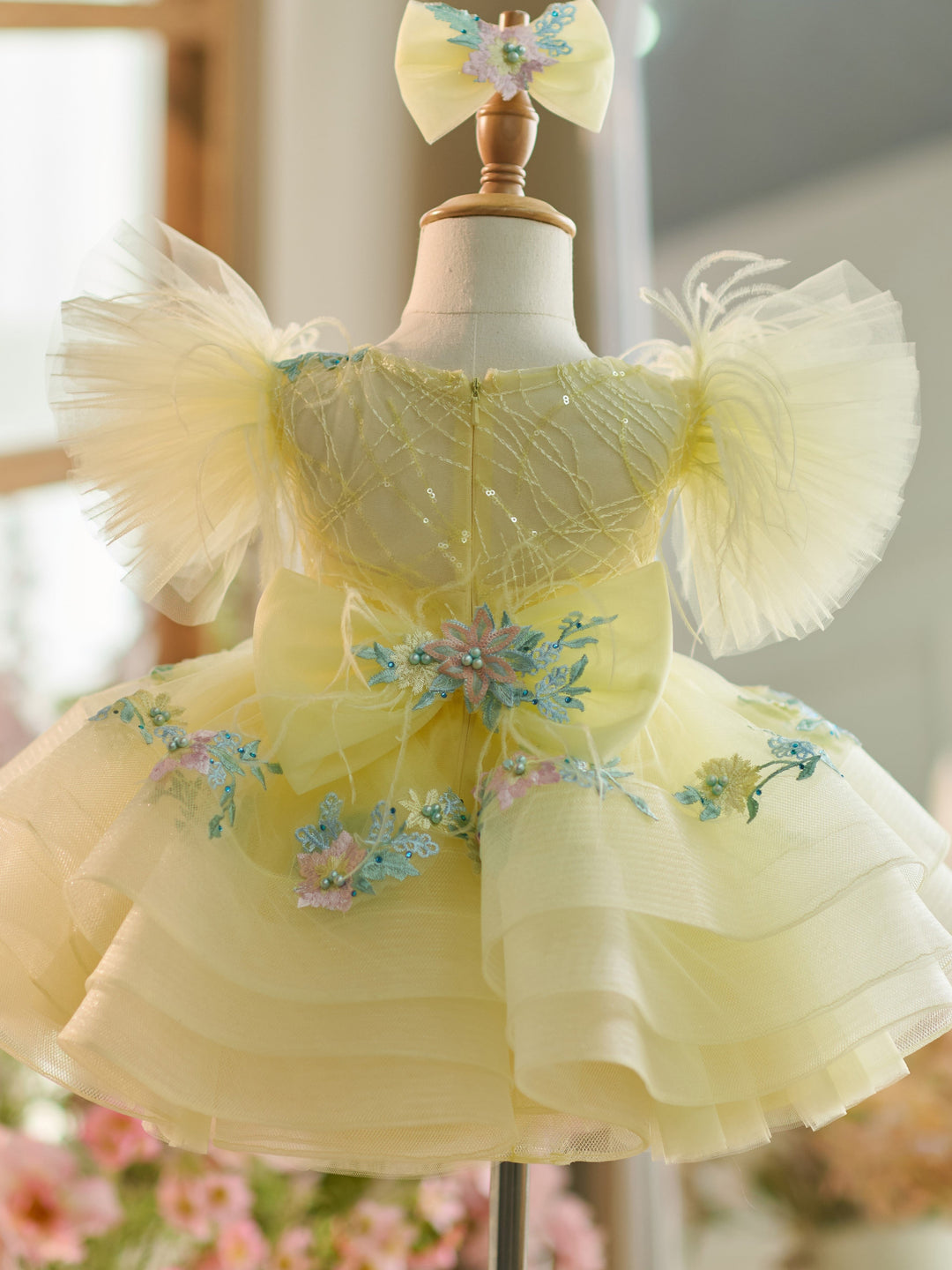 Floral Embroidery Puffy Sleeves Tulle Knee-length Baby Girl Dress