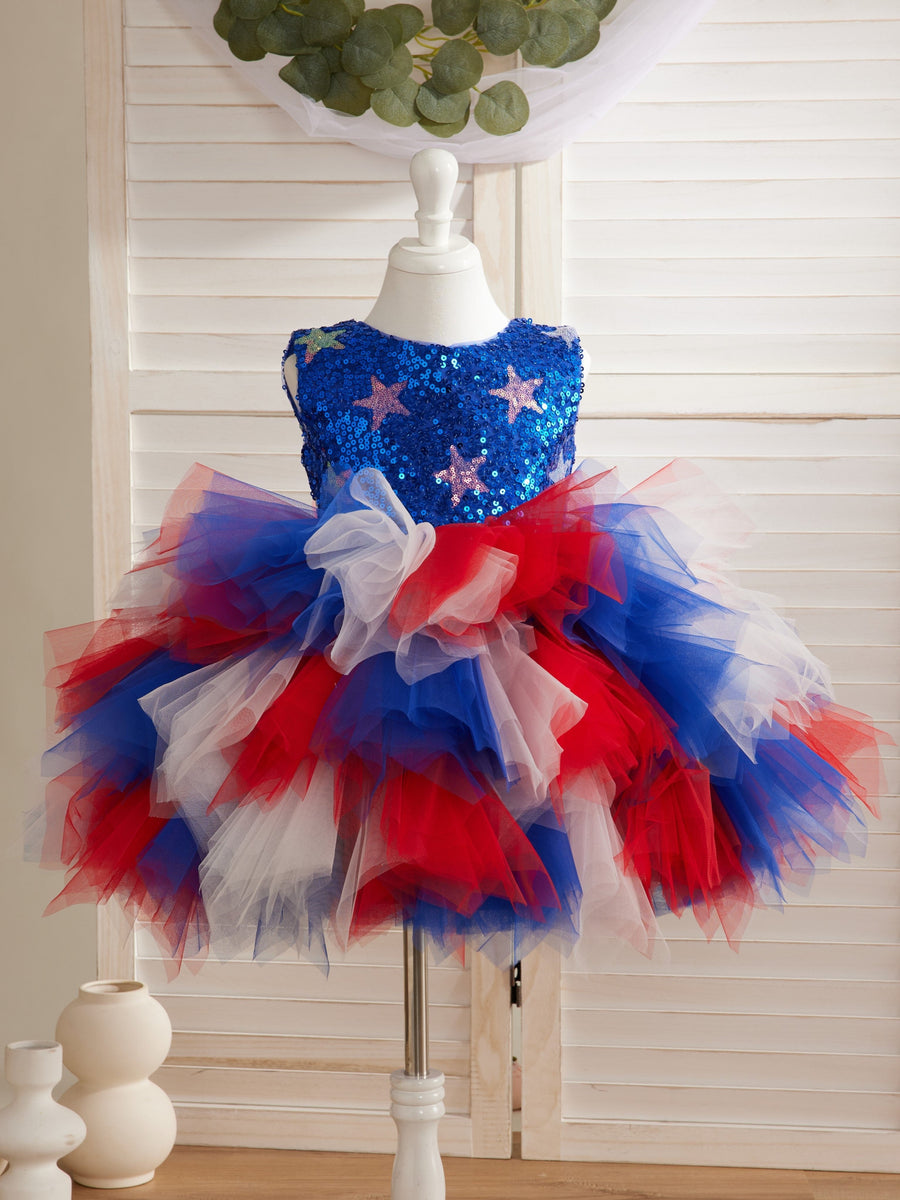 Star Sequins Tulle Knee-length Blue Girl Dress, 12M / Blue Star Sequins Tulle Knee-length Blue Girl Dress, 12M / Blue