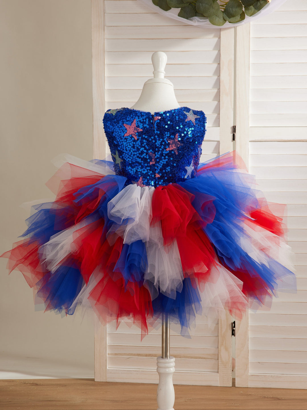 Star Sequins Tulle Knee-length Blue Girl Dress