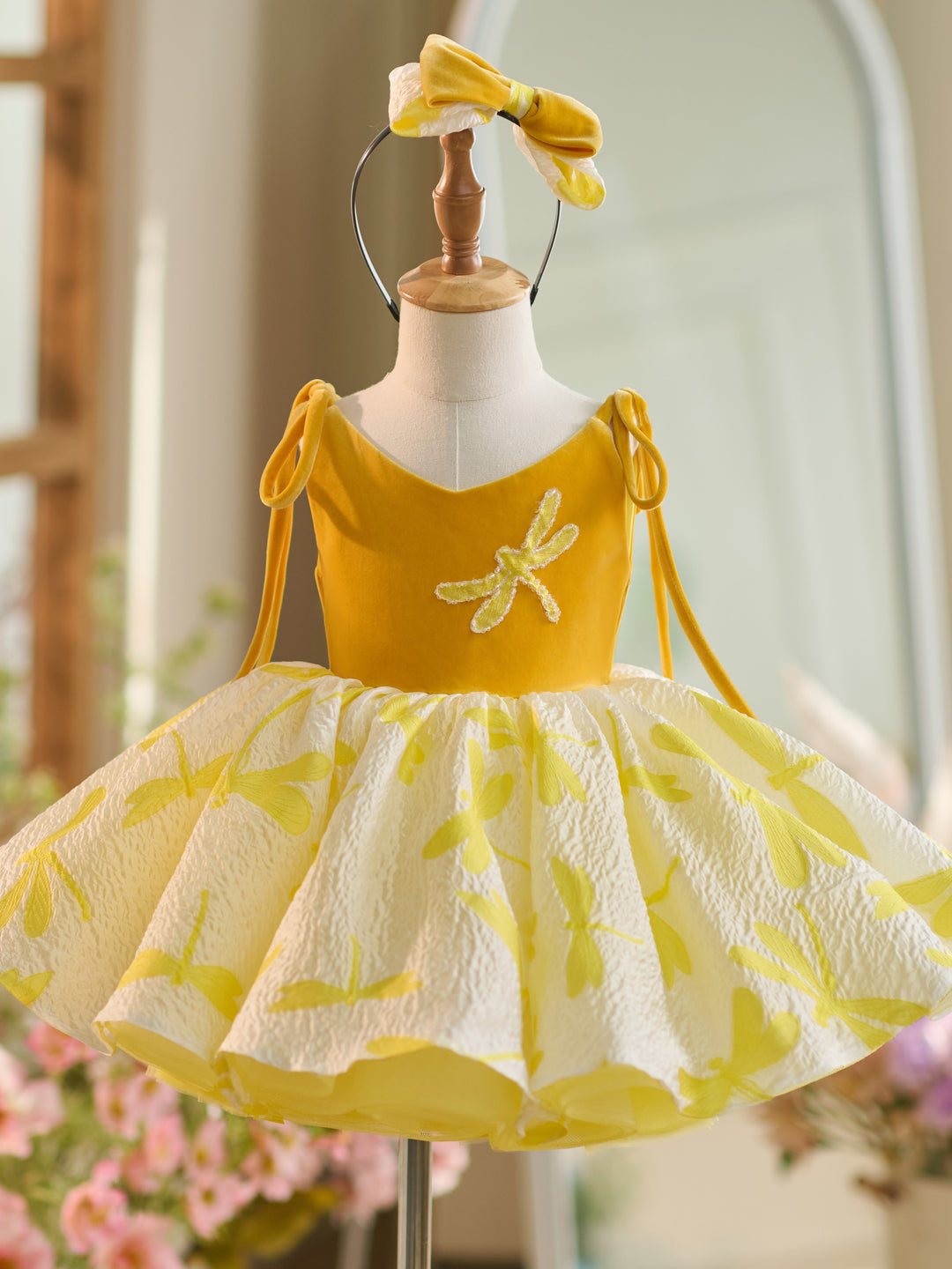 Velvet Tulle Knee-length Gold Toddler Birthday Party Dress