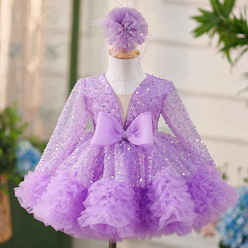 Lilac Sequin Ruffled Long Sleeves Bowknot Knee-length Baby Girl Dress, 12M / As Picture Lilac Sequin Ruffled Long Sleeves Bowknot Knee-length Baby Girl Dress, 12M / As Picture