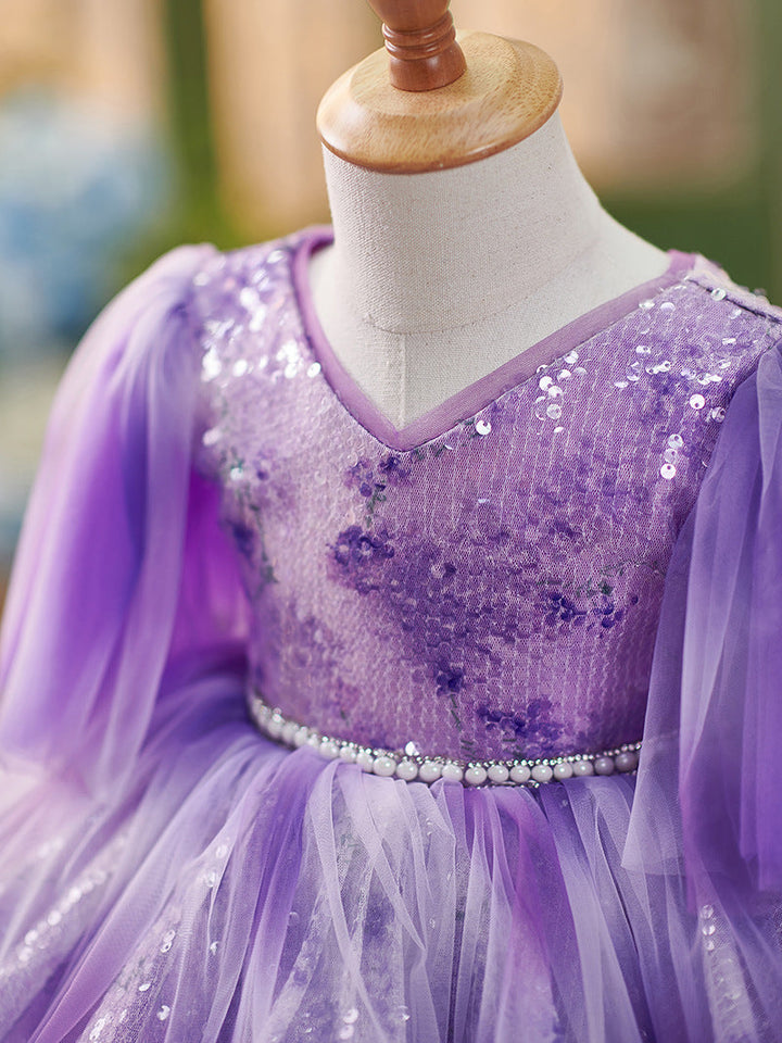 Purple Sequins Tulle Knee-length Baby Girl Dress